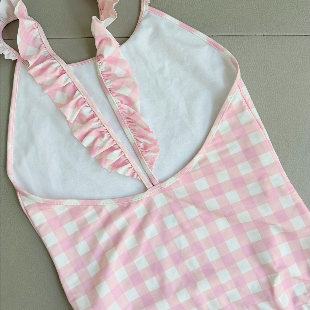 Polo by Ralph Lauren Pink and White Gingham Ruffle One-Piece Swimsuit